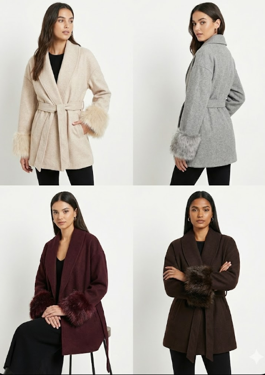 Veste ceinturée en laine mélangée avec finitions effet fourrure