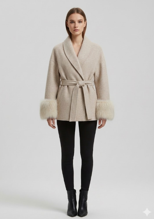 Veste ceinturée en laine mélangée avec finitions effet fourrure