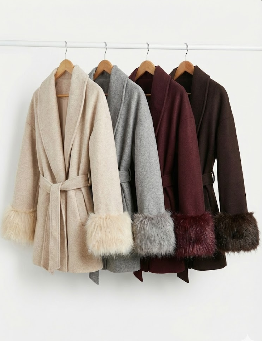 Veste ceinturée en laine mélangée avec finitions effet fourrure