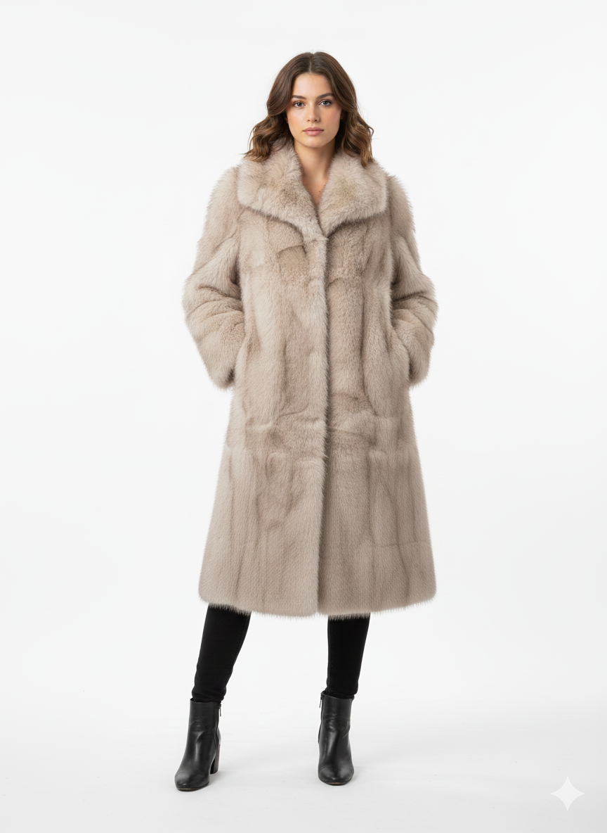 Manteau Long en Fourrure de Vison Beige